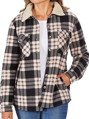 SoHo Threads Plaid Sherpa-Lined Teddy Jacket in Black & Cream With Link Accents